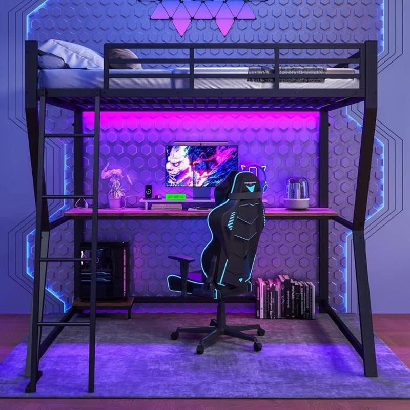 Siyah Metal LED Aydınlatmalı ve USB Çıkışlı Çalışma Masalı Gamer Ranza - 140x200 cm - 125743