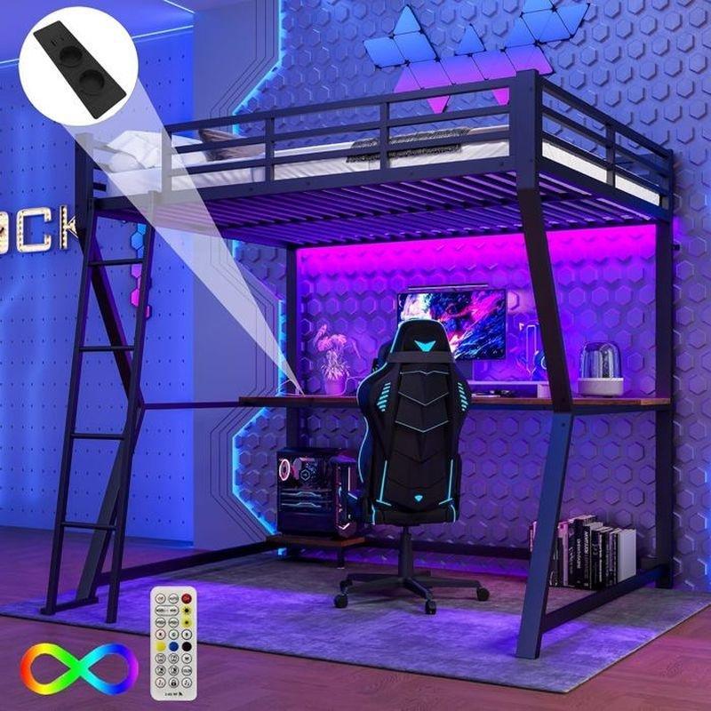 Siyah Metal LED Aydınlatmalı ve USB Çıkışlı Çalışma Masalı Gamer Ranza - 140x200 cm - 125743