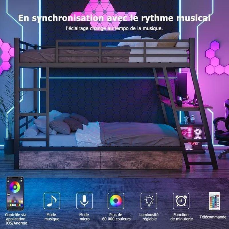 Siyah Metal LED Işıklı Çalışma Masalı ve Çekmeceli Geniş Ranza - 140x200 cm - 125893