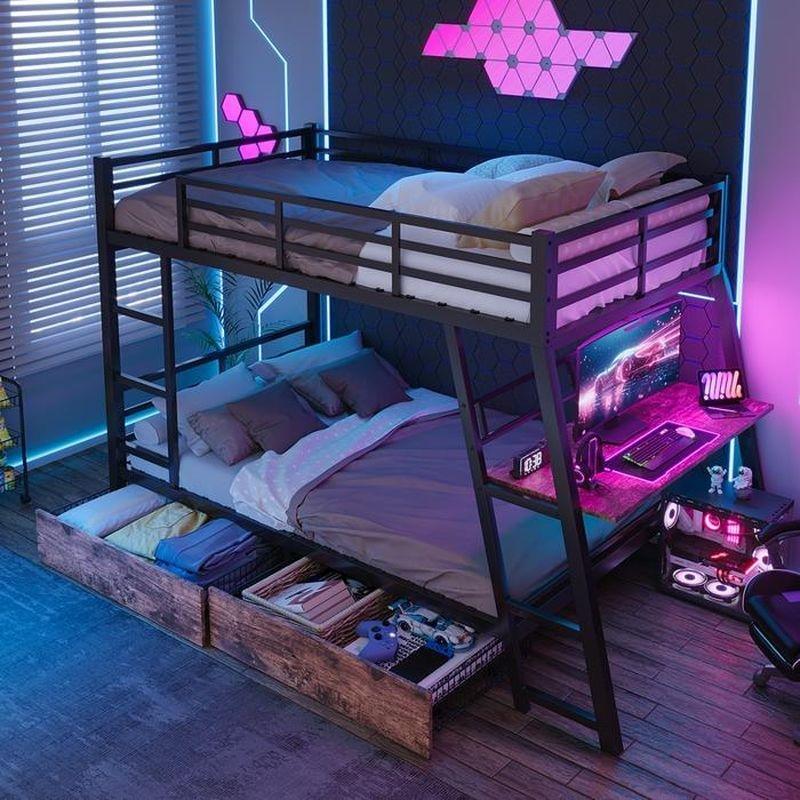 Siyah Metal LED Işıklı Çalışma Masalı ve Çekmeceli Geniş Ranza - 140x200 cm - 125893