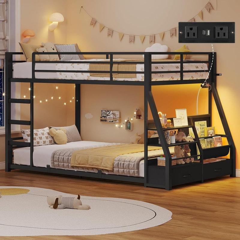 Siyah Metal LED Işıklı Priz Bölmeli ve Çekmeceli Ranza - 107x198 cm - 124575