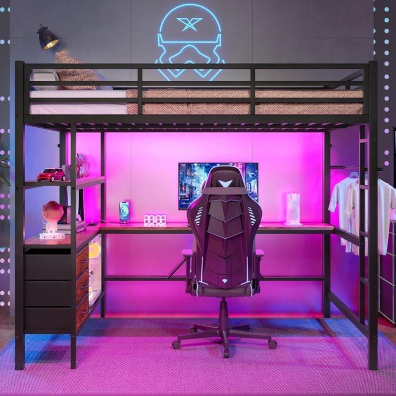 Siyah Metal LED Işıklı USB Portlu ve Çekmeceli Çalışma Masalı Ranza - 140x200 cm - 125725