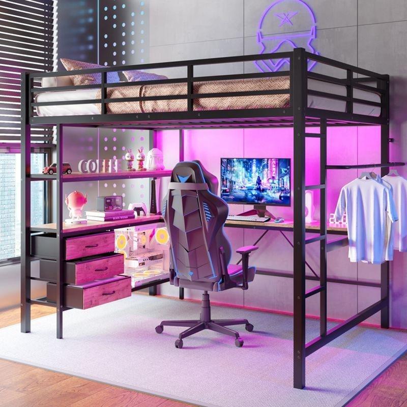 Siyah Metal LED Işıklı USB Portlu ve Çekmeceli Çalışma Masalı Ranza - 140x200 cm - 125725