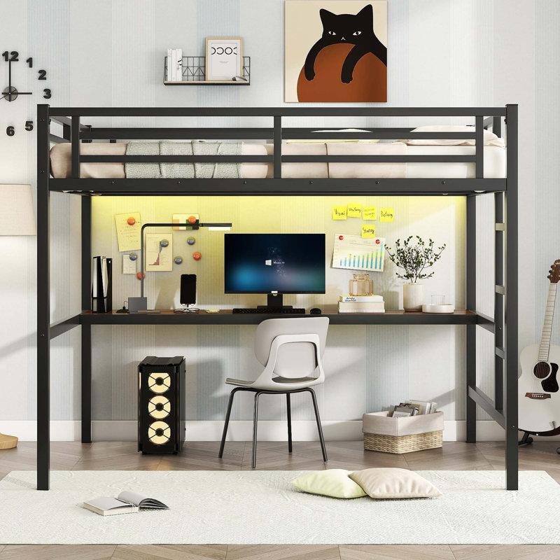 Siyah Metal LED Işıklı ve USB Şarj İstasyonlu Çalışma Masalı Ranza - 145x198 cm - 124773