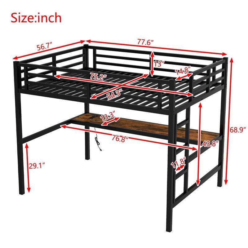 Siyah Metal LED Işıklı ve USB Şarj İstasyonlu Çalışma Masalı Ranza - 145x198 cm - 124773