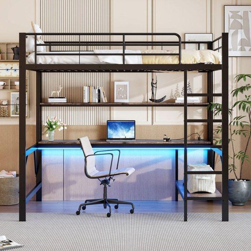 Siyah Metal USB Girişli ve Uzaktan Kumandalı LED Aydınlatmalı Çalışma Masalı Ranza - 140x200 cm - 125752