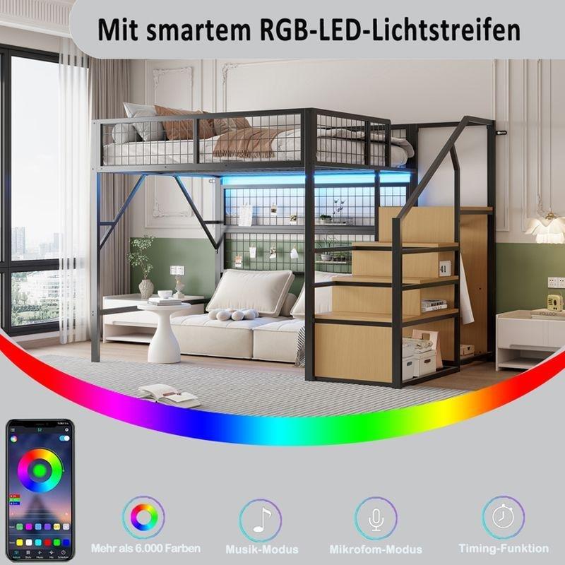 Siyah Metal Uygulama Kontrollü LED ve Depolama Merdivenli Ranza - 140x200 cm - 125728