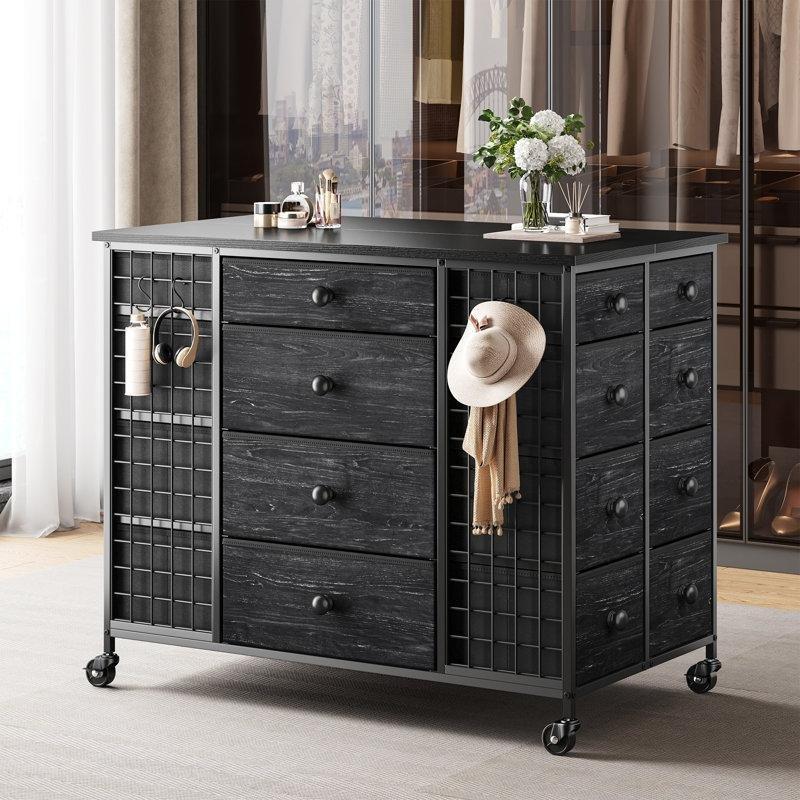 Siyah Metal ve Ahşap 24 Çekmeceli Tekerlekli Ada Şifonyer - 102x59x86 cm - 123846