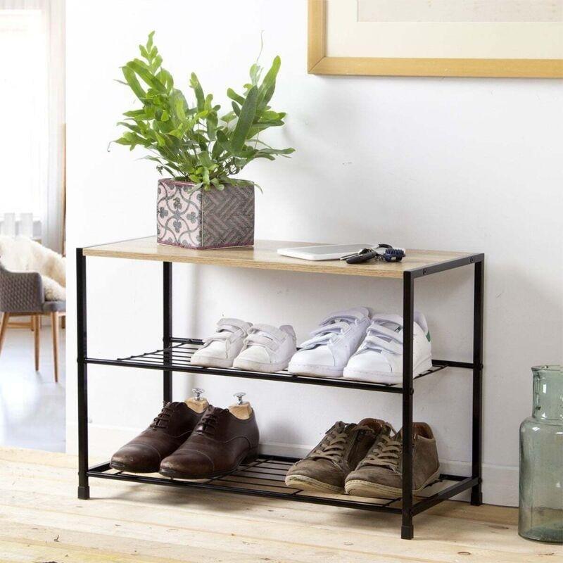 Siyah Metal ve Ahşap 3 Katlı Ayakkabılık - 63x30x43 cm - 119880