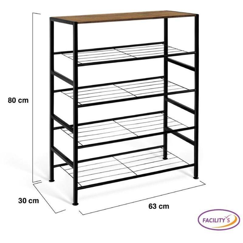 Siyah Metal ve Ahşap 4 Katlı Endüstriyel Tasarım Ahşap Ayakkabılık - 63x30x80 cm - 118939