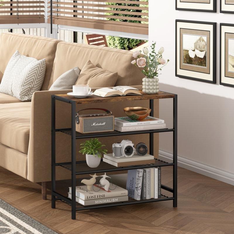Siyah Metal ve Ahşap 4 Katlı Üst Tablalı Ferforje Ayakkabılık - 60x30x63 cm - 121210