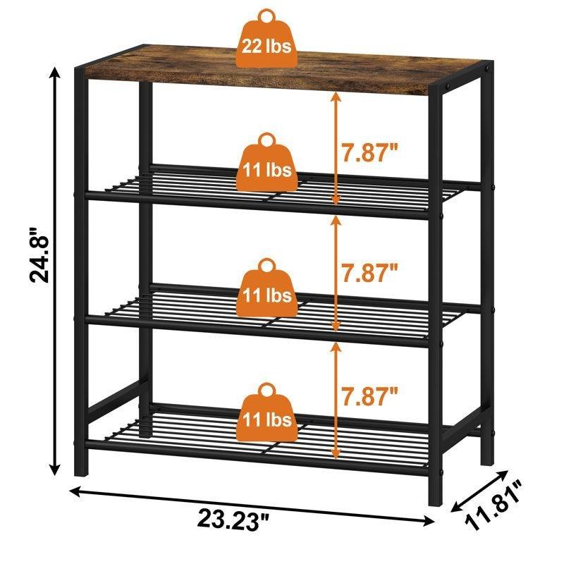Siyah Metal ve Ahşap 4 Katlı Üst Tablalı Ferforje Ayakkabılık - 60x30x63 cm - 121210
