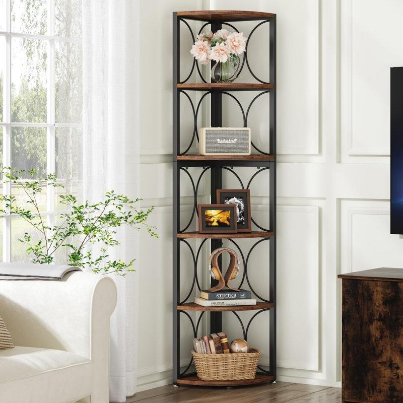 Siyah Metal ve Ahşap 6 Raflı Çizilmeye Dayanıklı Köşe Kitaplık - 170x32 cm - 141931