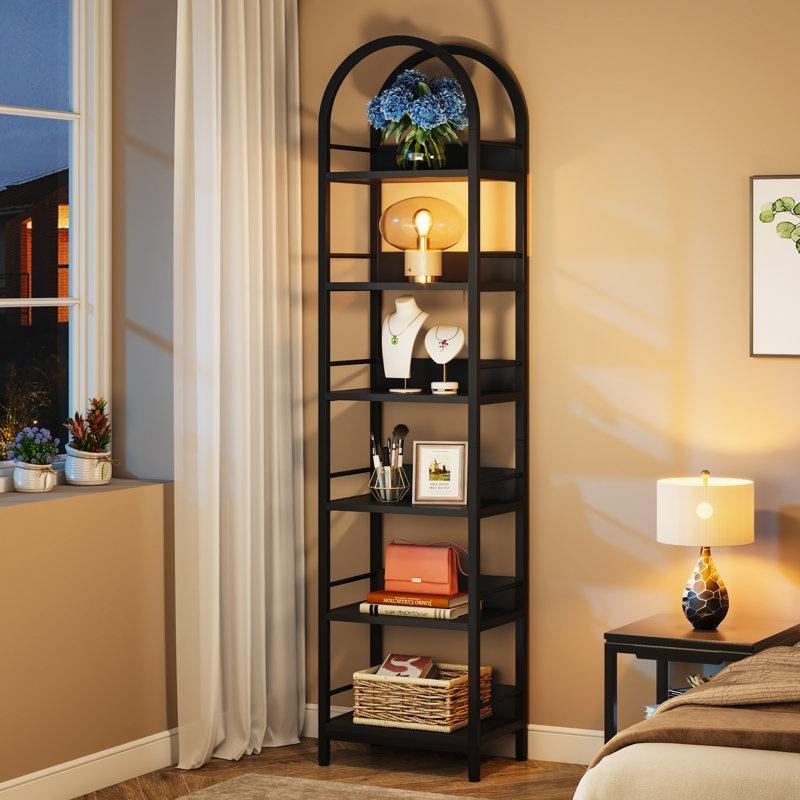 Siyah Metal ve Ahşap 6 Raflı Kemerli Tasarım Köşe Kitaplık - 200x44x30 cm - 141829
