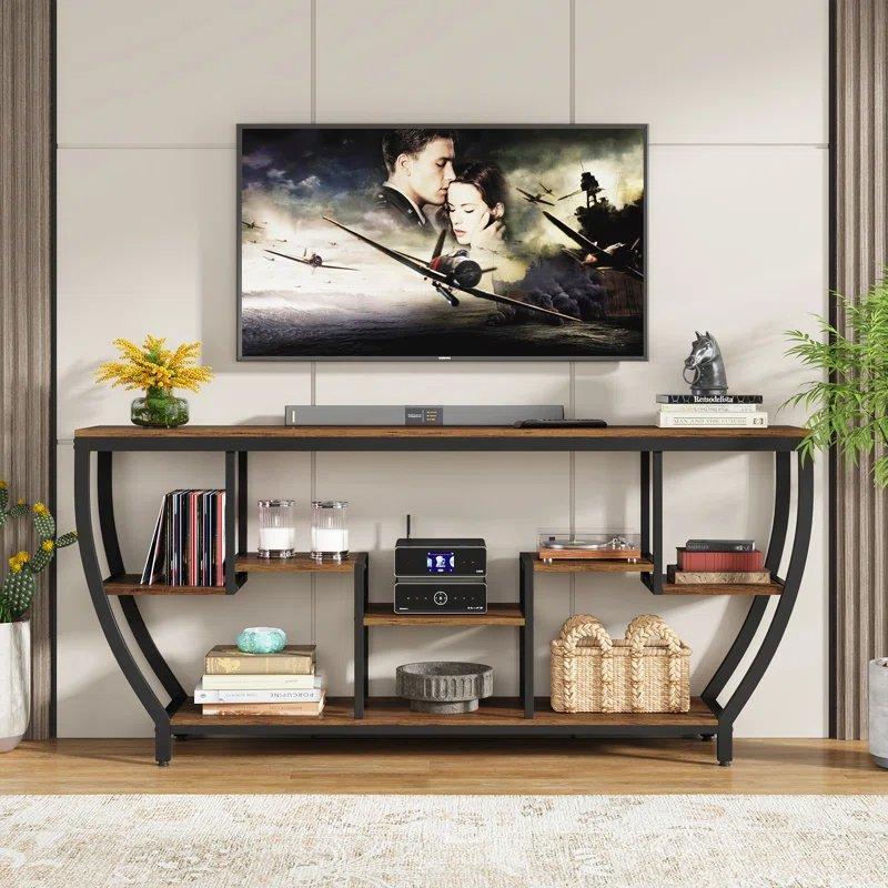 Siyah Metal ve Ahşap 7 Raflı Geniş Depolama Alanlı Dresuar - 181x30x90 cm - 132841