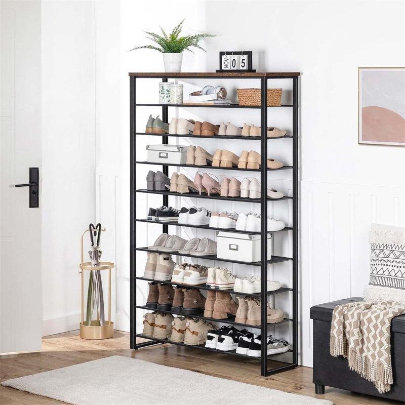 Siyah Metal ve Ahşap Detaylı 10 Katlı 45 Çift Kapasiteli Ferforje Ayakkabılık - 100x29x159 cm - 121099