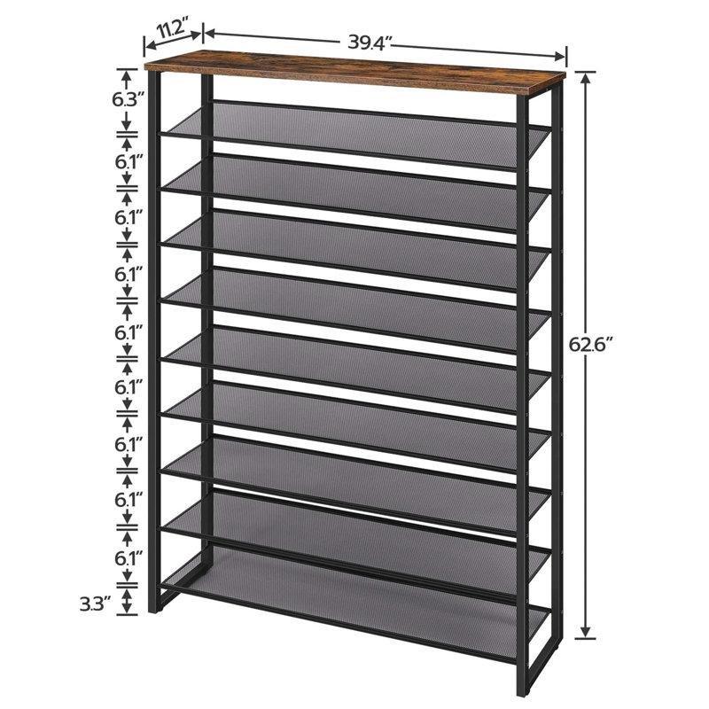 Siyah Metal ve Ahşap Detaylı 10 Katlı 45 Çift Kapasiteli Ferforje Ayakkabılık - 100x29x159 cm - 121099