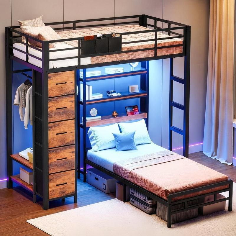 Siyah Metal ve Ahşap Detaylı L Tipi LED Işıklı Şarj İstasyonlu Ranza - 224x185 cm - 124590