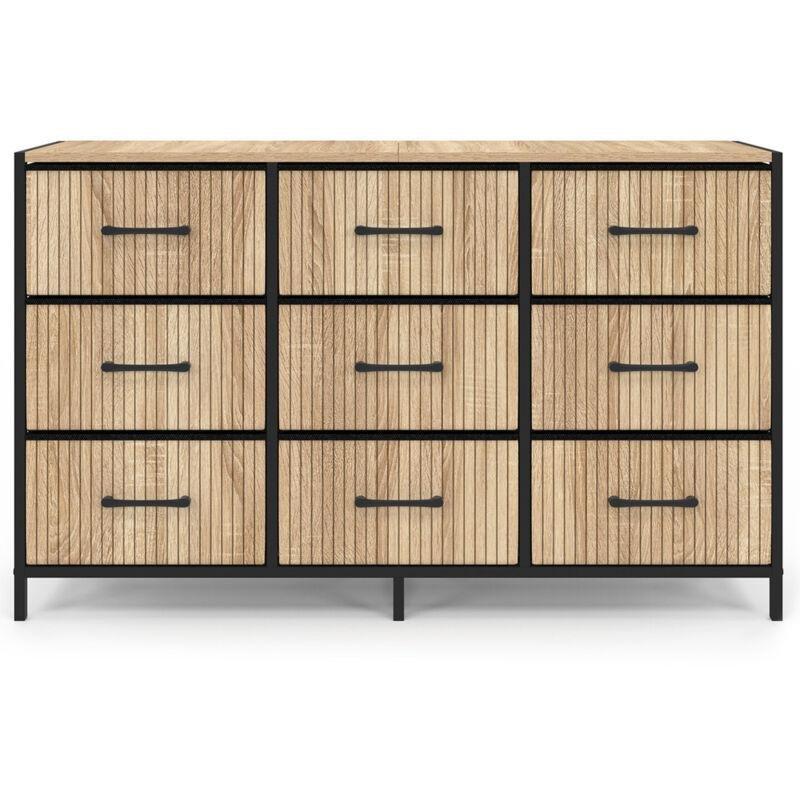 Siyah Metal ve Ahşap Görünümlü Kumaş 9 Çekmeceli Endüstriyel Şifonyer - 115x30x70 cm - 123113