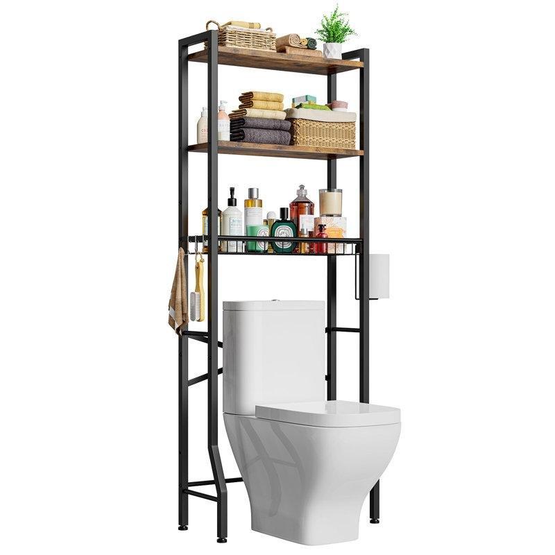 Siyah Metal ve Ahşap Raflı Ferforje Banyo Dolabı-162x60x28 cm - 114139