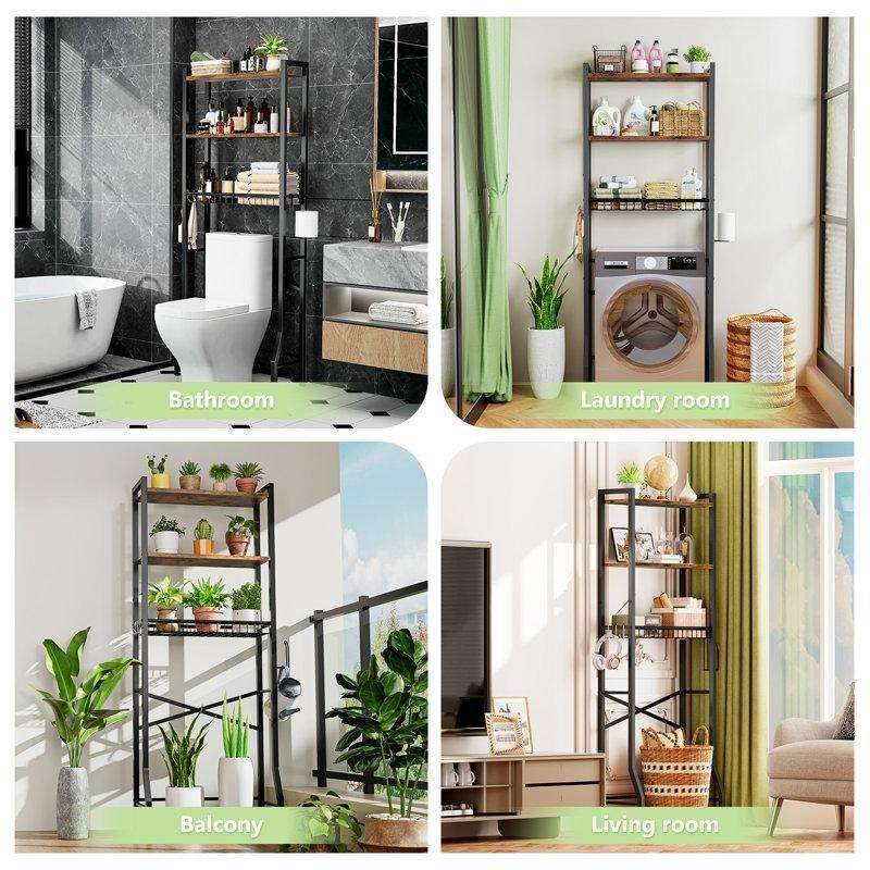 Siyah Metal ve Ahşap Raflı Ferforje Banyo Dolabı-162x60x28 cm - 114139