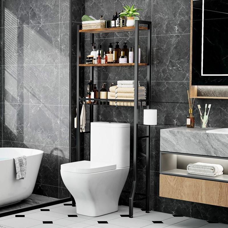 Siyah Metal ve Ahşap Raflı Ferforje Banyo Dolabı-162x60x28 cm - 114139
