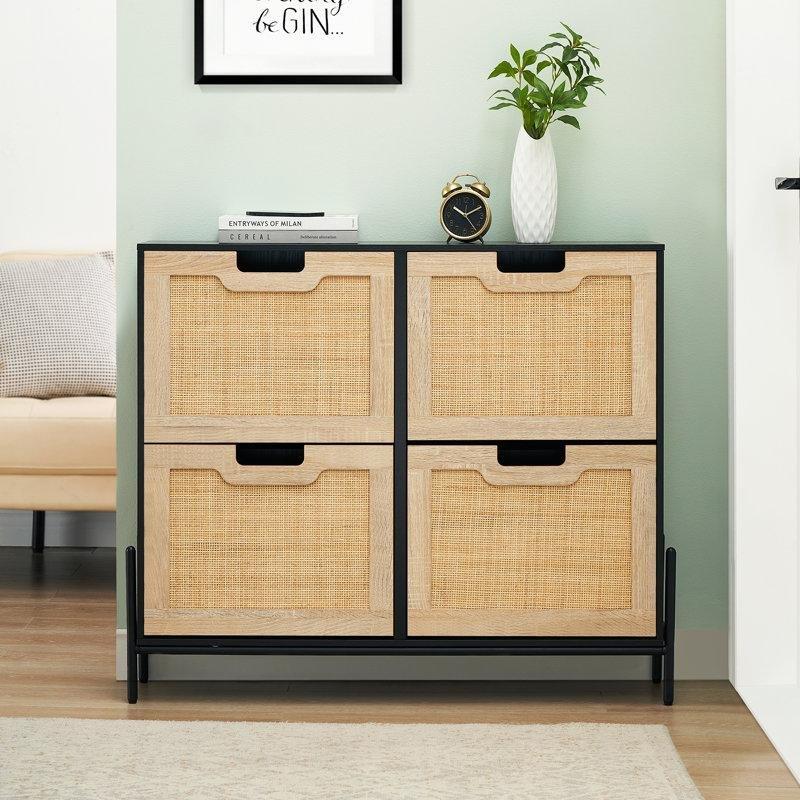 Siyah Metal ve Doğal Rattan 4 Düşer Kapaklı 16 Çift Kapasiteli Hasır Ayakkabılık - 101x88x24 cm - 120952