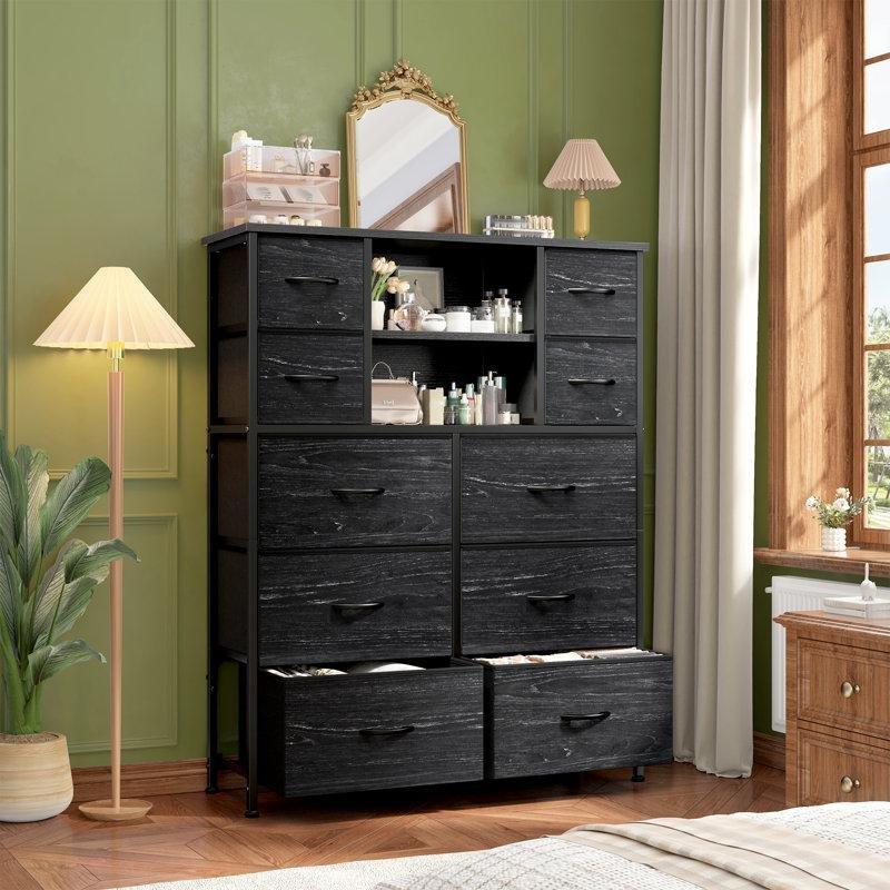 Siyah Metal ve Endüstriyel Ahşap 10 Çekmeceli Raflı Ferforje Şifonyer - 97x30x123 cm - 124017