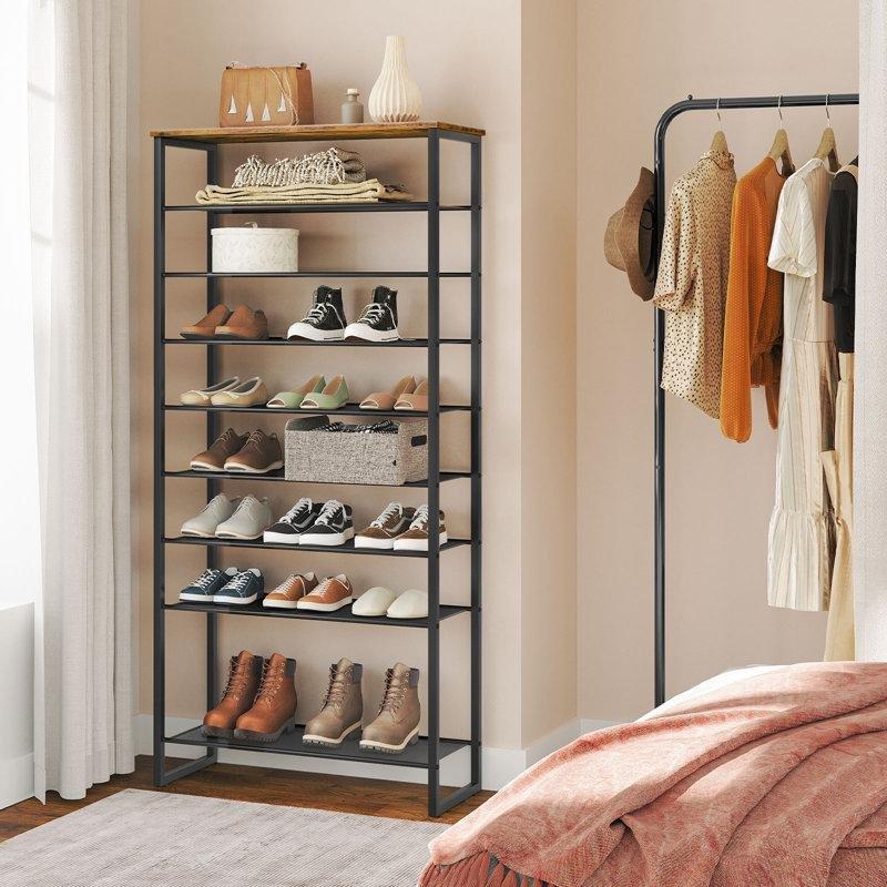 Siyah Metal ve Endüstriyel Ahşap 10 Raflı Ayarlanabilir Ferforje Ayakkabılık - 75x159 cm - 121111
