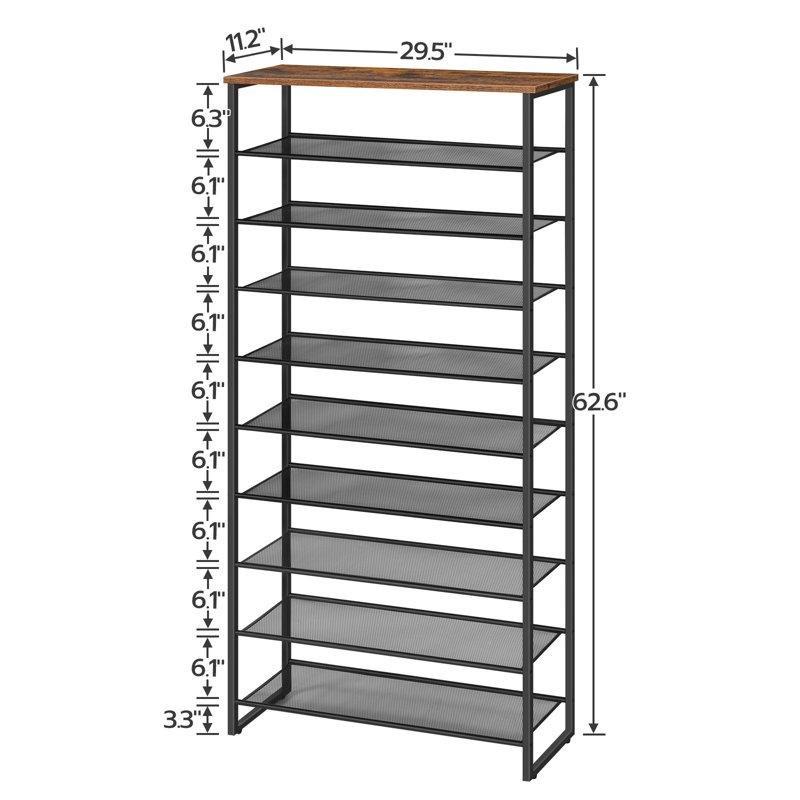 Siyah Metal ve Endüstriyel Ahşap 10 Raflı Ayarlanabilir Ferforje Ayakkabılık - 75x159 cm - 121111