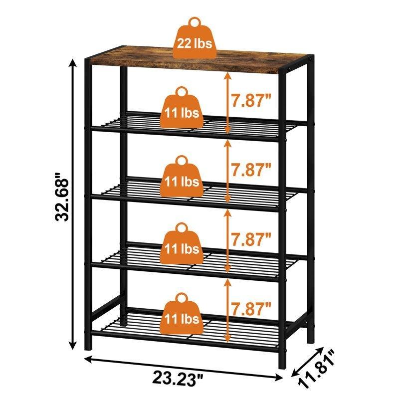 Siyah Metal ve Endüstriyel Ahşap 5 Raflı 12 Çift Kapasiteli Ayakkabılık - 59x30x83 cm - 120694
