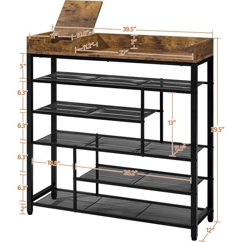 Siyah Metal ve Endüstriyel Ahşap Çekmeceli Asimetrik Raflı Ferforje Ayakkabılık - 101x101 cm - 121114