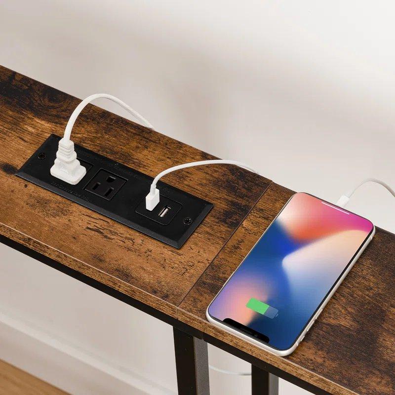 Siyah Metal ve Endüstriyel Ahşap Priz ve USB Girişli Koltuk Arkası Dresuar - 200x15x80 cm - 132070