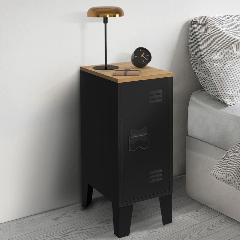 Siyah Metal ve Kayın Desenli Endüstriyel Tasarım Tek Kapaklı İkili Komodin Seti - 20x30x50 cm - 127787