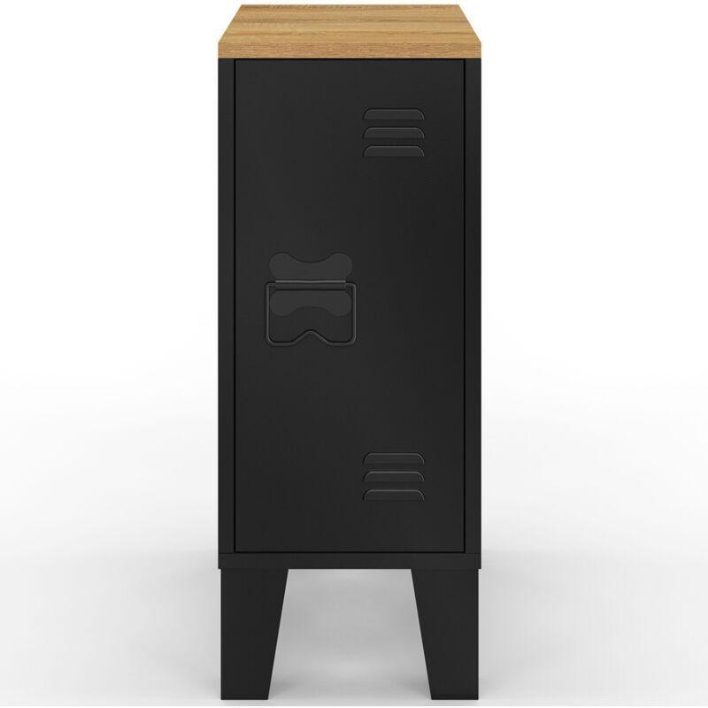Siyah Metal ve Kayın Desenli Endüstriyel Tasarım Tek Kapaklı İkili Komodin Seti - 20x30x50 cm - 127787