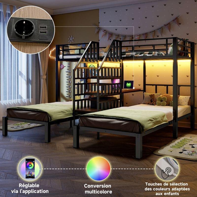 Siyah Metal ve MDF 3 Kişilik Çalışma Masalı LED Işıklı Merdivenli Ranza - 90x200 cm - 125920