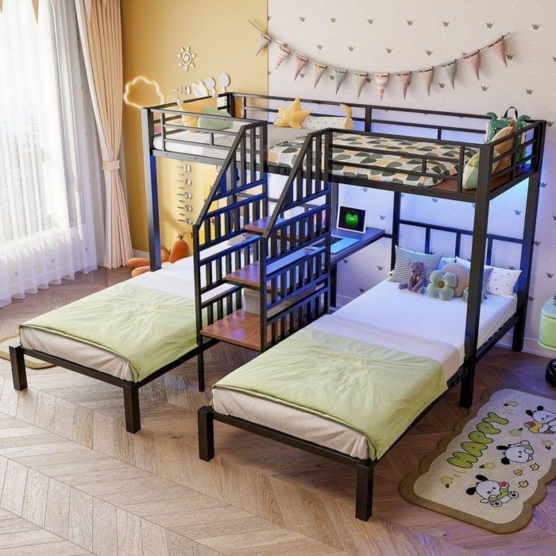 Siyah Metal ve MDF 3 Kişilik Çalışma Masalı LED Işıklı Merdivenli Ranza - 90x200 cm - 125920