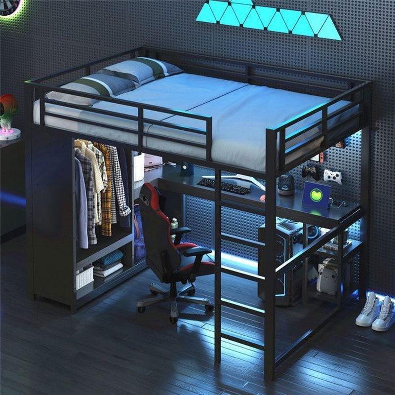 Siyah Metal ve MDF Çalışma Masalı Açık Dolaplı LED ve USB Girişli Gamer Ranza - 140x200 cm - 125764