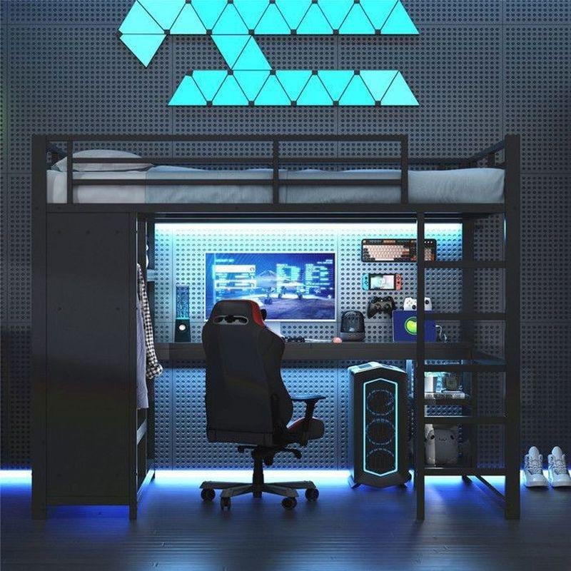 Siyah Metal ve MDF Çalışma Masalı Açık Dolaplı LED ve USB Girişli Gamer Ranza - 140x200 cm - 125764