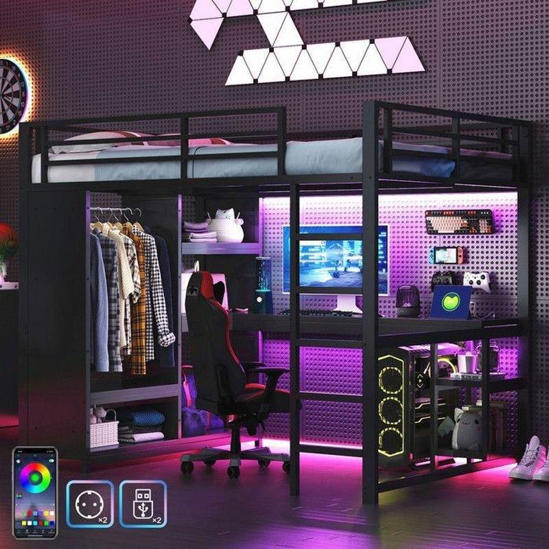 Siyah Metal ve MDF Çalışma Masalı Açık Dolaplı LED ve USB Girişli Gamer Ranza - 140x200 cm - 125764