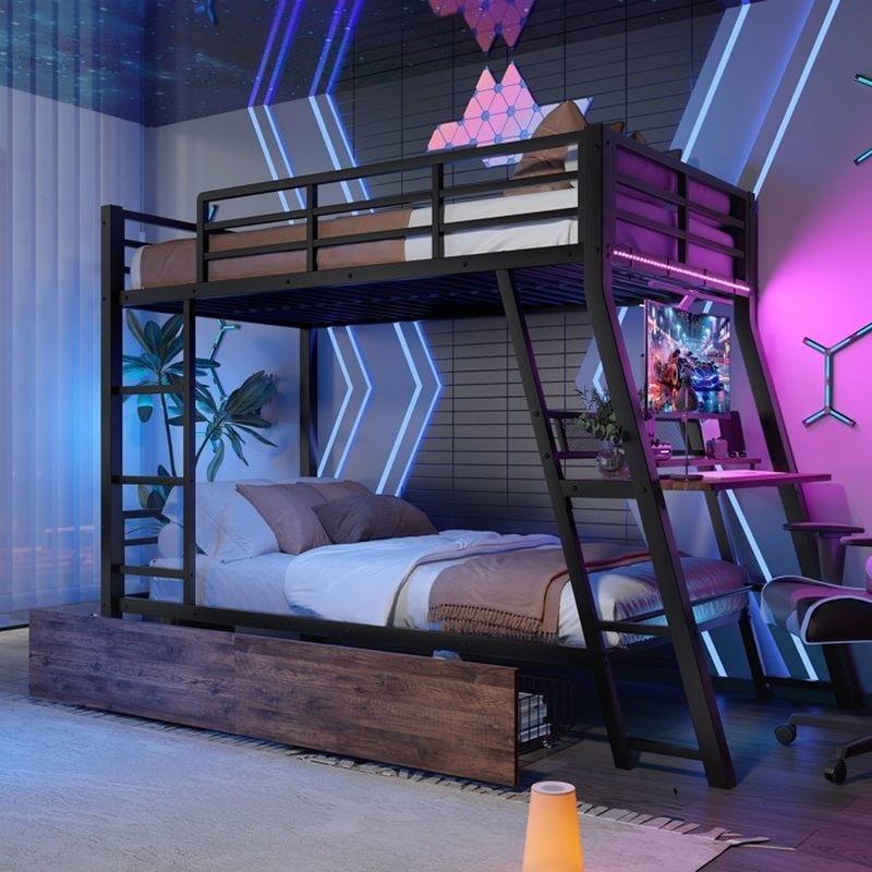 Siyah Metal ve MDF Çalışma Masalı Çekmeceli LED Işıklı Ranza - 90x200 cm - 125926