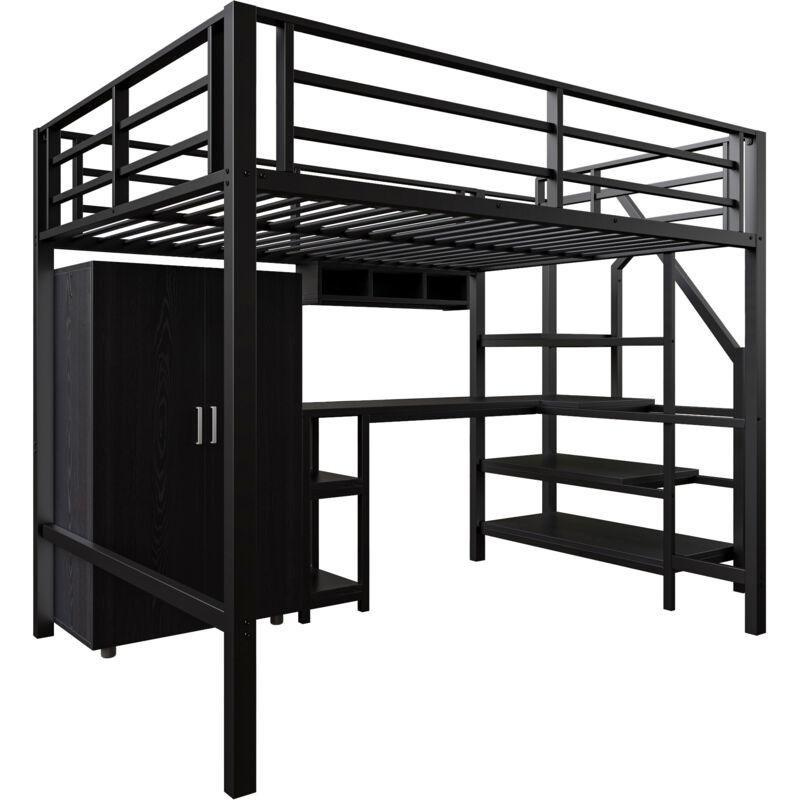 Siyah Metal ve MDF Çalışma Masalı Dolaplı Raflı Merdivenli Ranza - 140x200 cm - 124872