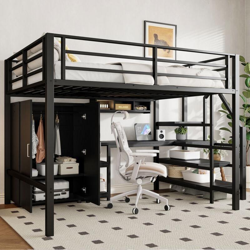 Siyah Metal ve MDF Çalışma Masalı Dolaplı Raflı Merdivenli Ranza - 140x200 cm - 124872