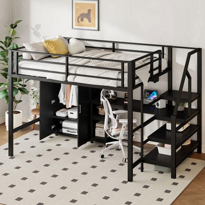 Siyah Metal ve MDF Çalışma Masalı Dolaplı Raflı Merdivenli Ranza - 140x200 cm - 124872