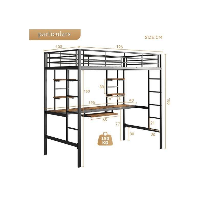 Siyah Metal ve MDF Çalışma Masalı Raflı Klavye Bölmeli Ranza-195x103x180 cm - 125788