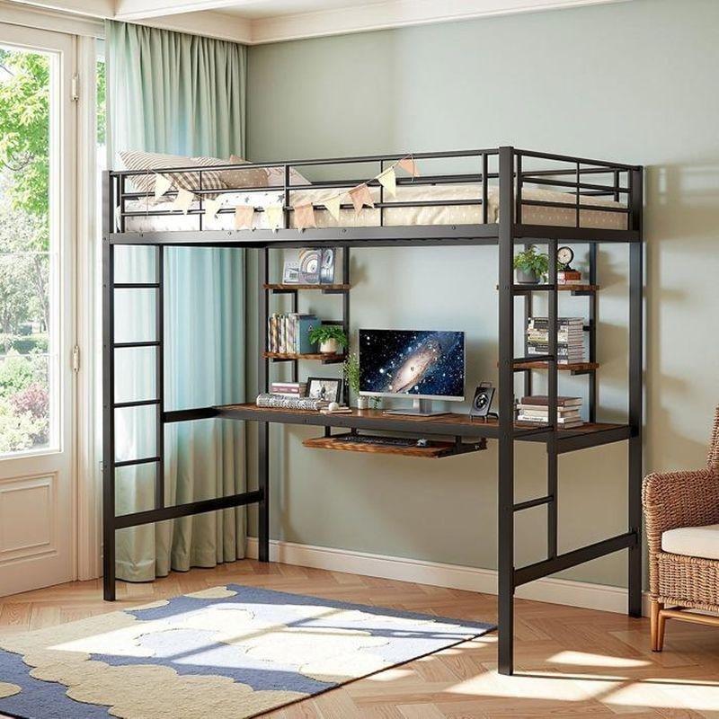 Siyah Metal ve MDF Çalışma Masalı Raflı Klavye Bölmeli Ranza-195x103x180 cm - 125788