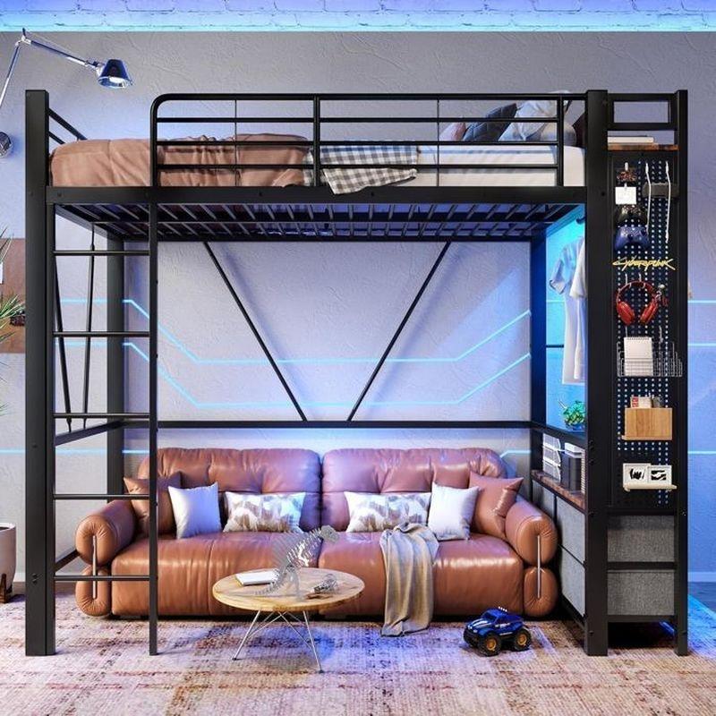 Siyah Metal ve MDF LED Aydınlatmalı Depolama Merdivenli Gamer Ranza - 90x200 cm - 125779