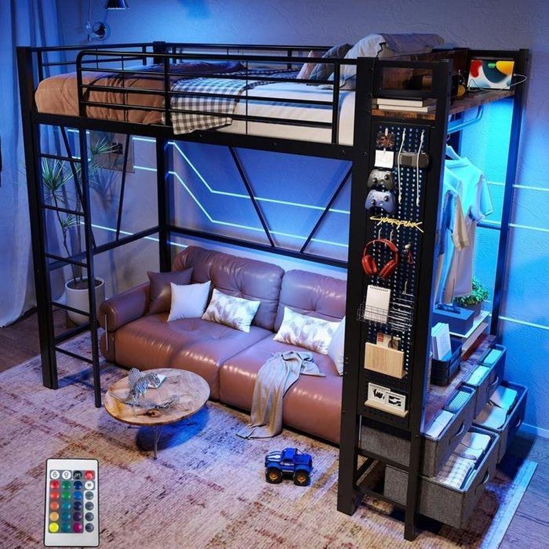 Siyah Metal ve MDF LED Aydınlatmalı Depolama Merdivenli Gamer Ranza - 90x200 cm - 125779