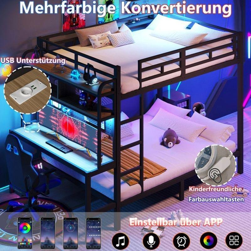 Siyah Metal ve MDF LED Aydınlatmalı USB Girişli Çalışma Masalı Ranza - 140x200 cm - 125896