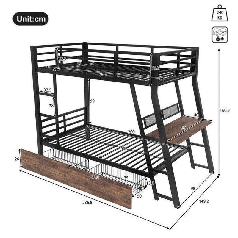 Siyah Metal ve MDF LED Işıklı Çalışma Masalı Çekmeceli Gamer Ranza - 90x200 cm - 125911